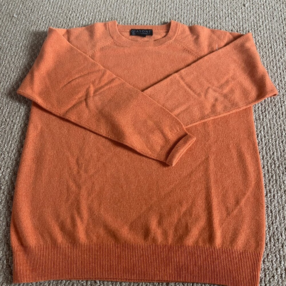 Giasone Italian 100% Cashmere Orange Sweater Crew Neck 2 ply Large - Picture 3 of 6